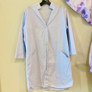 Blue and white striped shirt dress